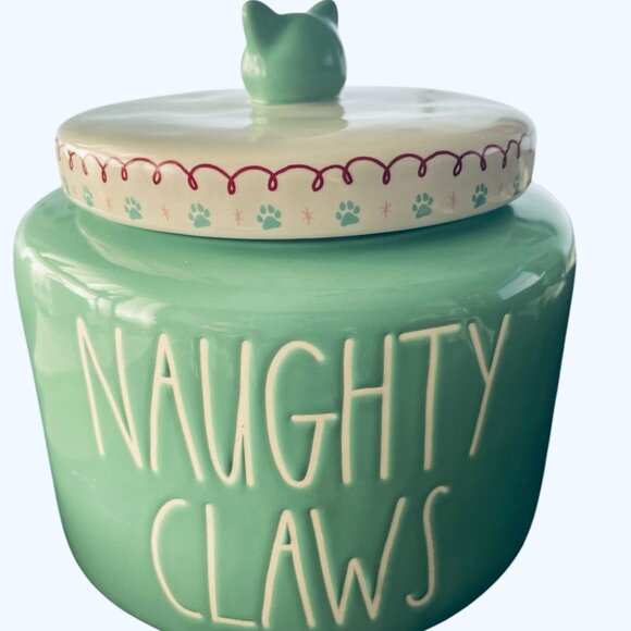 Rae Dunn NAUGHTY CLAWS Cat Treat Jar Canister w/Paw Prints And Cat Handle - NWOT - Picture 2 of 6